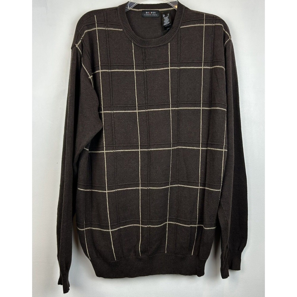 Vtg Axcess Sweater Mens XL Crew Brown Pullover Grandpa Window Pane Cotton Blend